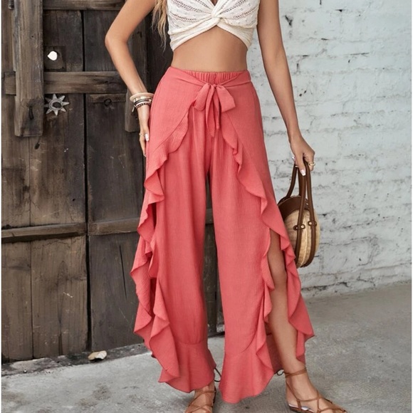 Boho Ruffle Slit Thigh Belted Wide Leg Pants - Picture 3 of 6